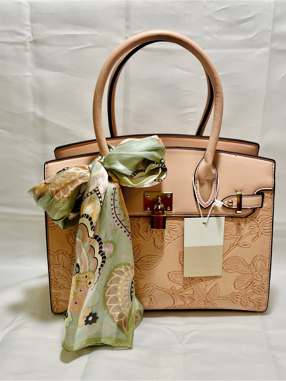 Blush Pink Floral-Embossed Crossbody Tote with Decorative Scarf
